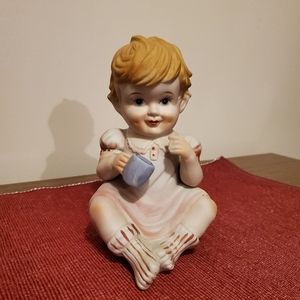 Vintage Bisque Porcelain Piano Baby Figurine With Cup